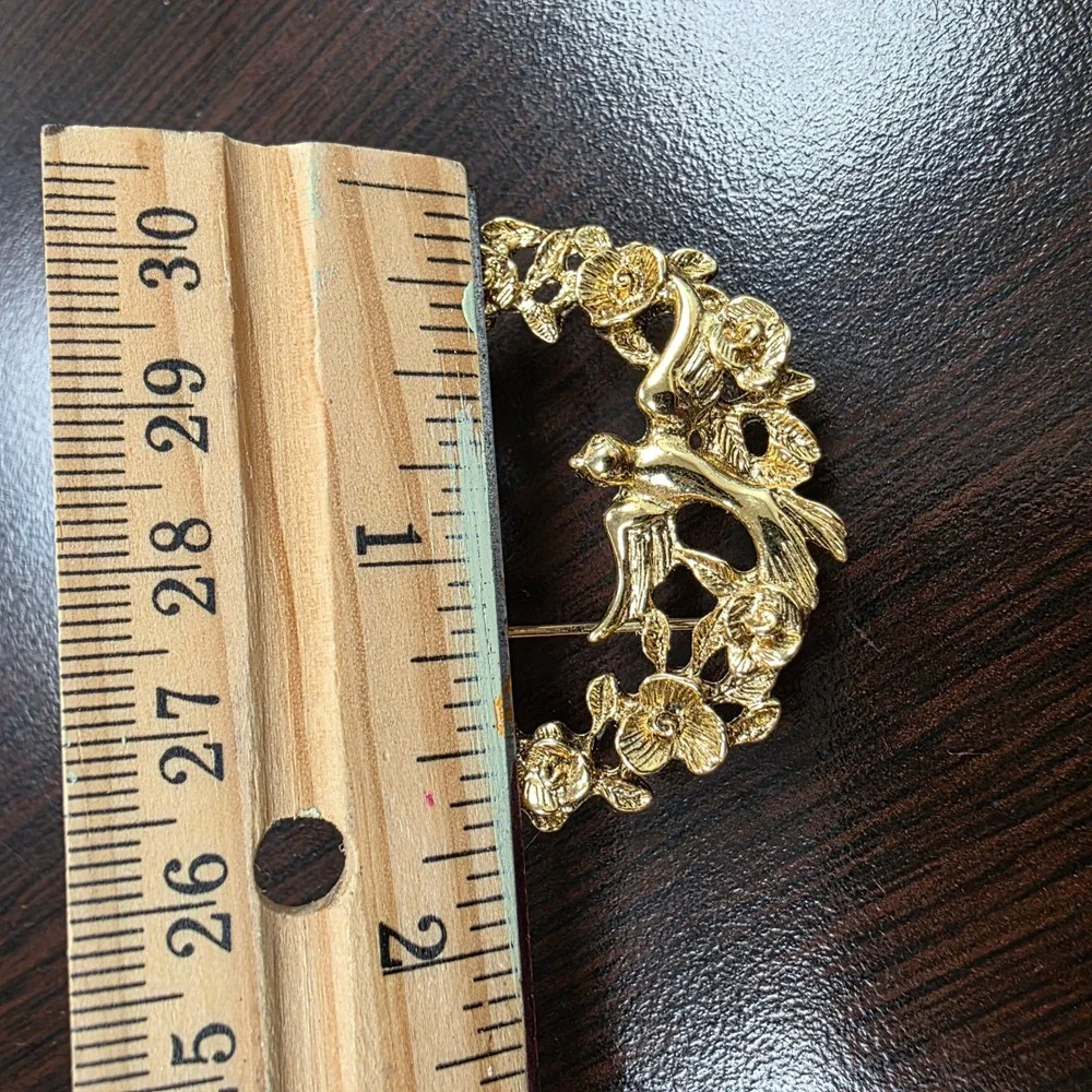Vintage Gold Tone Bird and Rose Wreath Brooch Pin Nature Inspired Floral Wreath